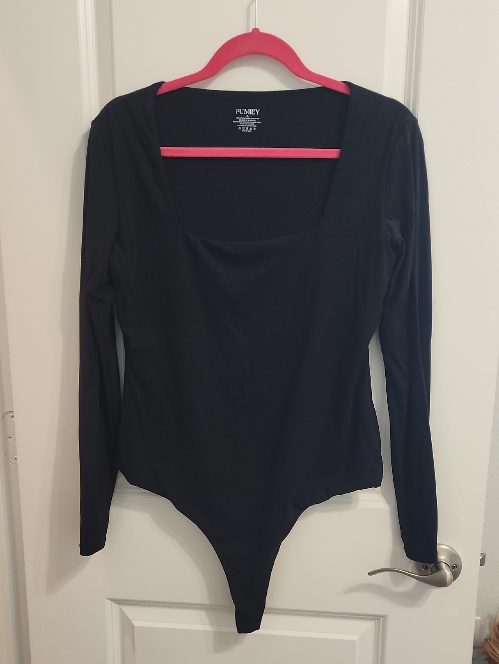 Black Long-Sleeve Square Neck Thong Bodysuit XL